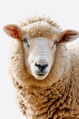 A close up view of a sheep against a plain white background. This image can be used for various purposes