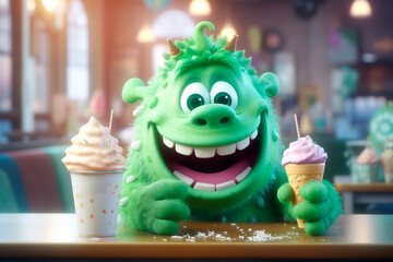 Obraz premium Adorable Character in confectionery candy store. Dessert time. positive visitor is sitting in cafe. illustration for puzzle, kids menu, sweet-shop, cover. Green fluffy monster and ice cream.