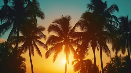 Obraz premium Palm trees are silhouetted against the setting sun. This image can be used to depict a tropical sunset or a relaxing beach scene