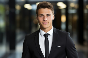Fototapeta premium Professional man dressed in suit and tie is striking pose for photograph. This image can be used for corporate or professional themes.