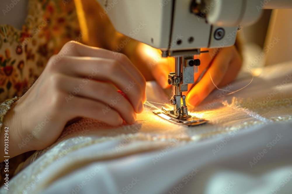 Poster Close up view of a person operating a sewing machine. Suitable for showcasing sewing skills or DIY projects