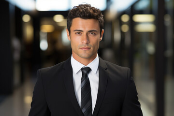 Fototapeta premium Man dressed in suit and tie strikes confident pose for professional photograph. This image can be used to portray professionalism, business, or corporate concepts.