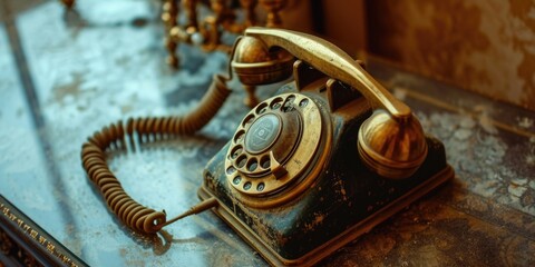 An old fashioned telephone placed on top of a table. Suitable for vintage or retro-themed designs