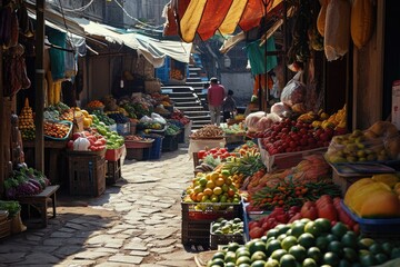 A vibrant display of a wide variety of fresh fruits and vegetables at a bustling market. Perfect for food-related projects and healthy eating concepts