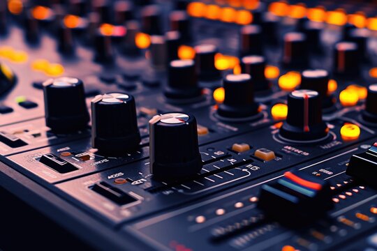 A detailed close up of a mixing board with multiple knobs. Ideal for illustrating audio mixing, sound engineering, or music production.