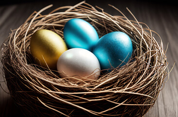 
Colorful Easter eggs in the nest. View from above.Spring Easter background