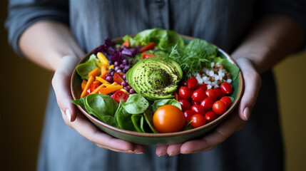 female hands holding a plate with vegetables, healthy eating and self-care. 