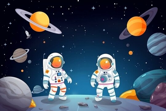 Cartoon astronauts in wide space with the space station inside and outside. Generative AI