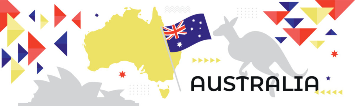 Australian flag and map with Kangaroo and Sydney Opera House landmark silhouettes. Abstract geometric banner design with blue, red and yellow shapes. Australia national day, Labour Day