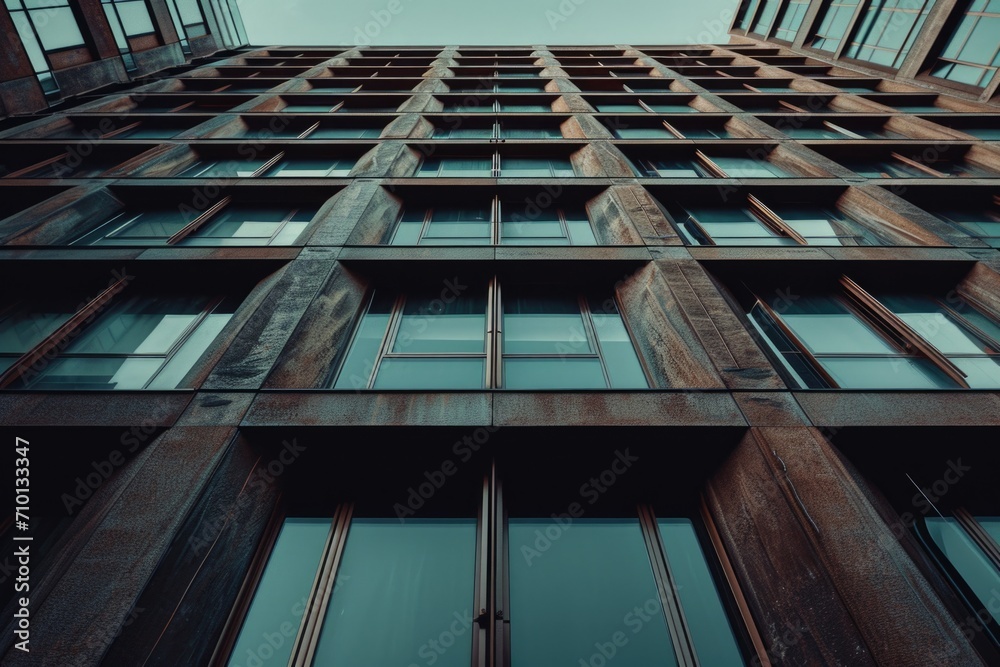 Poster a picture of a very tall building with numerous windows. suitable for architectural, urban, and busi