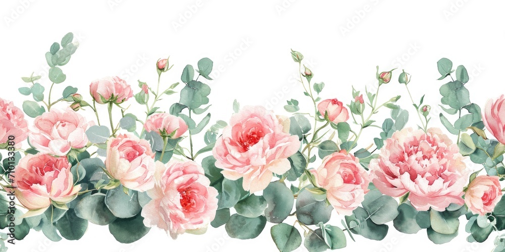 Poster a row of beautiful pink roses with vibrant green leaves. perfect for adding a touch of elegance to a