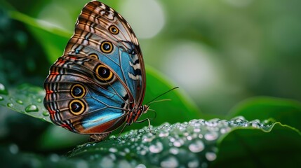 A close-up image of a butterfly perched on a leaf. This picture can be used to enhance nature-themed designs or to symbolize beauty and transformation