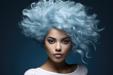 Fototapeta premium Woman wearing blue wig on her head. Suitable for fashion or costume-related projects.