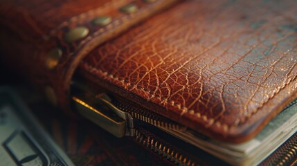 A brown leather wallet is placed on top of a pile of money. This image can be used to represent financial success and wealth