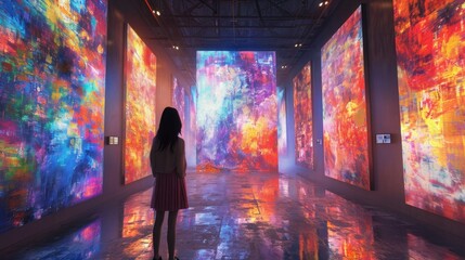 AI in Art Design: Artist co-creating with AI, colorful digital art pieces on display, studio filled with innovative tech and creativity