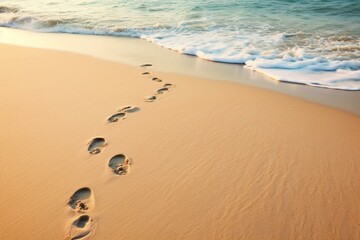 Footprints alongside ocean water, approaching wave, line of footprints in sand. Generative AI