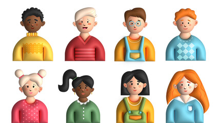  Set of 3D avatars girls and boys, with cute face smile, young school teen cartoon character. kindergarten head collection. Racial diversity. Render