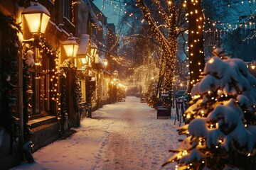 A picturesque snowy street illuminated by numerous Christmas lights. Perfect for holiday-themed projects or festive decorations