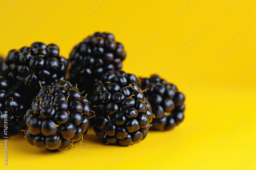 Poster A pile of blackberries on a vibrant yellow background. Perfect for adding a pop of color to any project