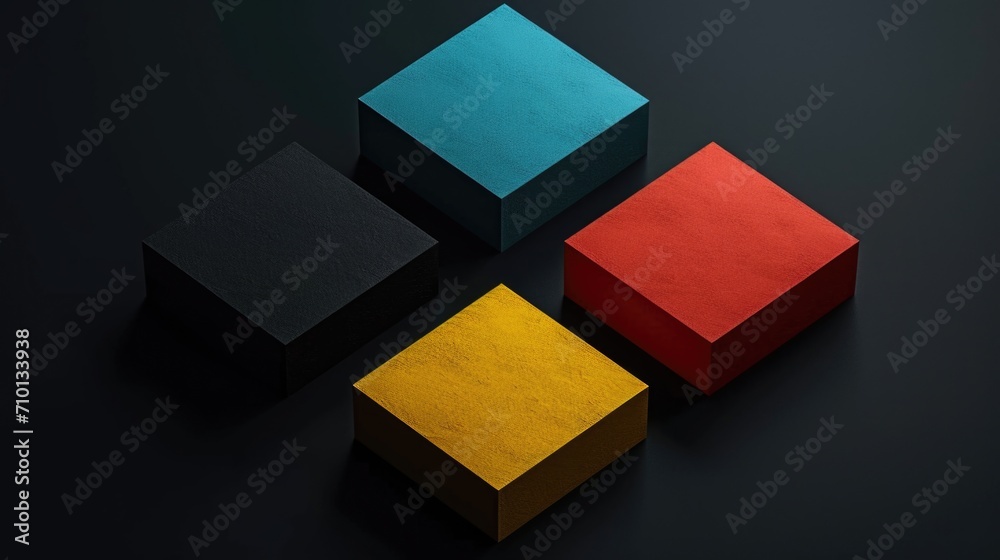 Poster A group of four colored cubes placed on a black surface. Suitable for various design projects