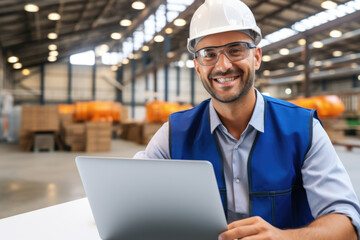 Man wearing hard hat and safety glasses is seen working on laptop. This image can be used to depict worker in construction or industrial setting using technology.