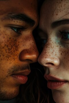 A close up view of a man and a woman's faces. This image can be used to represent relationships, emotions, or diversity