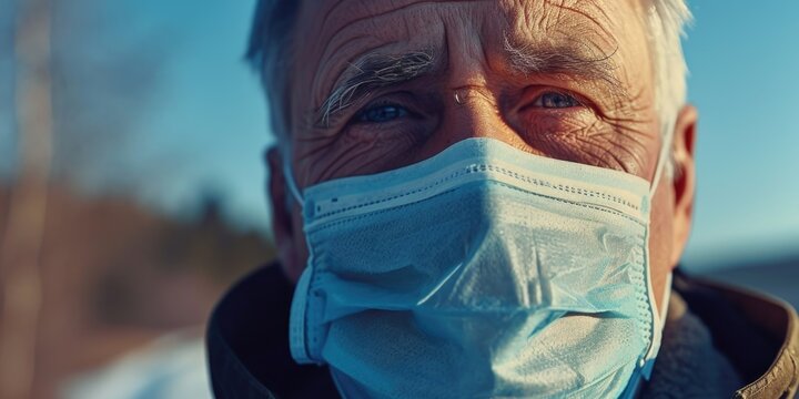 An older man wearing a face mask to protect against airborne particles on a sunny day. Suitable for illustrating health precautions during a pandemic - Powered by Adobe