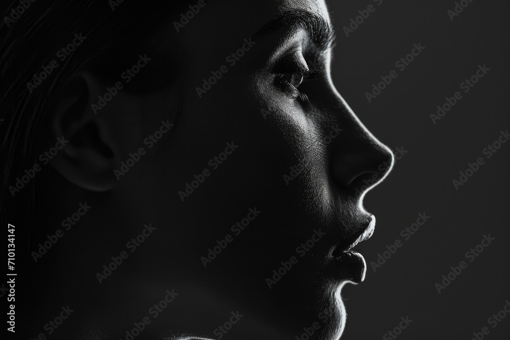 Poster a black and white photo capturing the beauty and expression on a woman's face. this versatile image 
