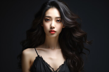 Fototapeta premium Woman with long black hair wearing black dress. Suitable for various occasions.