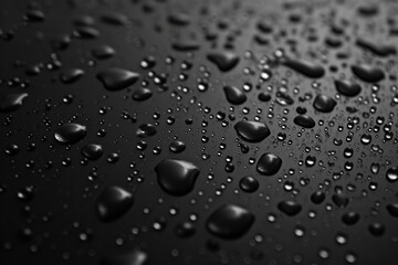 Water droplets captured in a close-up shot on a smooth black surface. Perfect for use in design projects or as a background image.