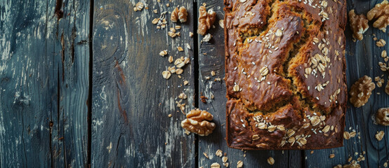 Homemade banana bread on a rustic blue table, strewn with oats and walnuts, evokes homely warmth