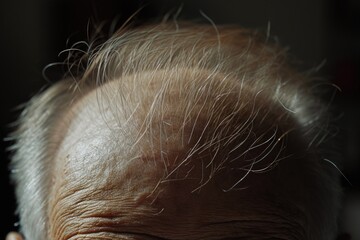 A detailed view of a person's head showing hair loss. This image can be used to illustrate the effects of hair loss or for medical and dermatological articles