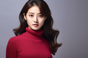 Woman wearing red turtle neck sweater. This versatile image can be used for fashion, winter, or casual lifestyle themes.