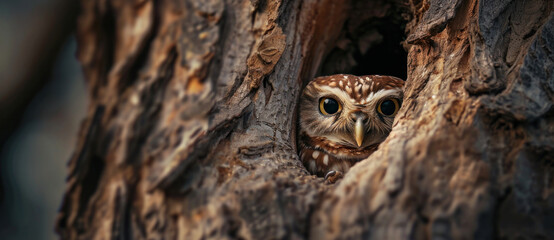 A watchful owl peers out from the sanctuary of a tree hollow, its eyes a mirror of the wild.
