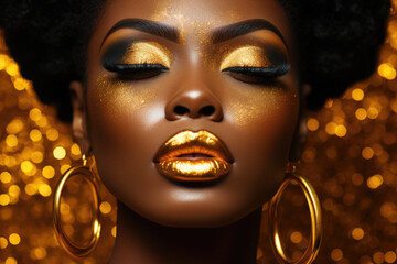 Woman with gold makeup on her face. Perfect for fashion and beauty related projects.
