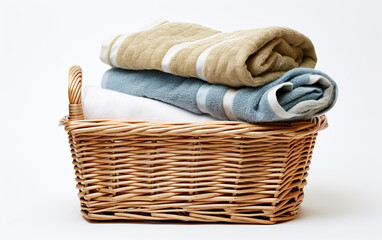 Obraz premium Wicker laundry basket with folded towels, AI Generative.