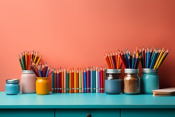 Top view of a school desk covered with neatly organized stationery, including pens and paper, against a soft pastel background - obrazy, fototapety, plakaty