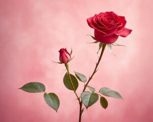 Single Red Rose on Soft Pink Background - obrazy, fototapety, plakaty