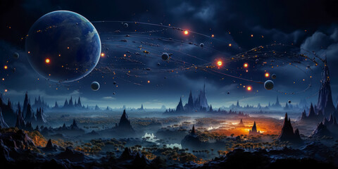 Obraz premium Fantasy alien planet. Mountain and moon. 3D illustration.