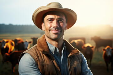 Man wearing hat standing in front of herd of cows. Suitable for agricultural or rural lifestyle themes.
