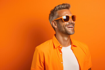 Obraz premium Man wearing sunglasses and orange shirt. Ideal for fashion, summer, or outdoor-related projects.