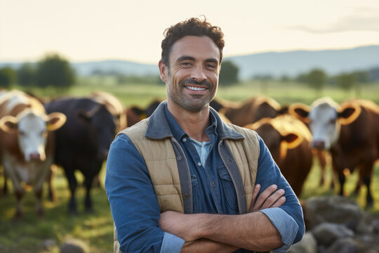 Man confidently stands in front of large herd of cows. This image can be used to depict leadership, confidence, or connection with nature.