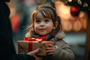 Fototapeta na wymiar A cute little child holds a gift box with a red ribbon while giving and receiving gifts at a holiday event