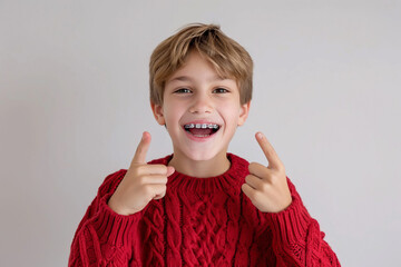A cute Caucasian boy in a red knitted sweater against a white wall holds an invisible braces aligner, smiling and pointing at his teeth. The concept of dental health care