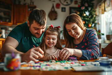 Fototapeta premium A family with a daughter with Down syndrome sits at home at the table and does handicrafts together