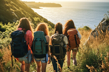A group of backpacking friends on vacation while hiking in the countryside by the sea