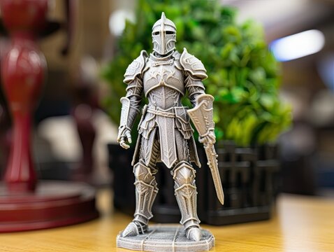 3d printed silver knight figurine standing on a table