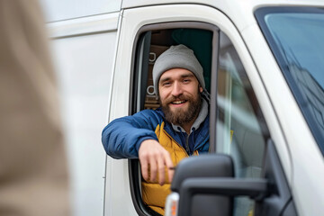 A portrait of a cheerful courier driver looking out the window of a white cargo van delivering goods by road