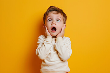 A portrait of a little boy with a shocked expression, holding his hands to his face, screaming and looking sideways at something amazing. He stands against the yellow wall of the studio