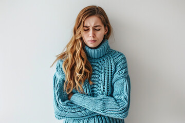 A pretty Caucasian girl in a blue knitted sweater against a white wall suffers from severe abdominal pain